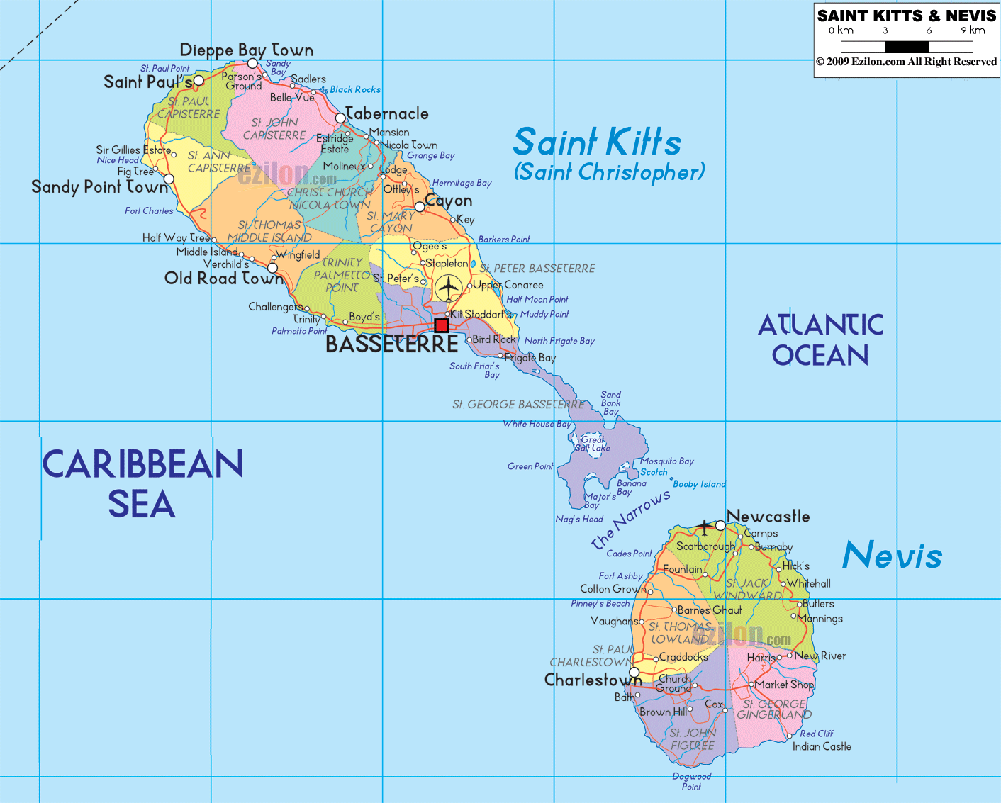 political map of Saint Kitts and Nevis