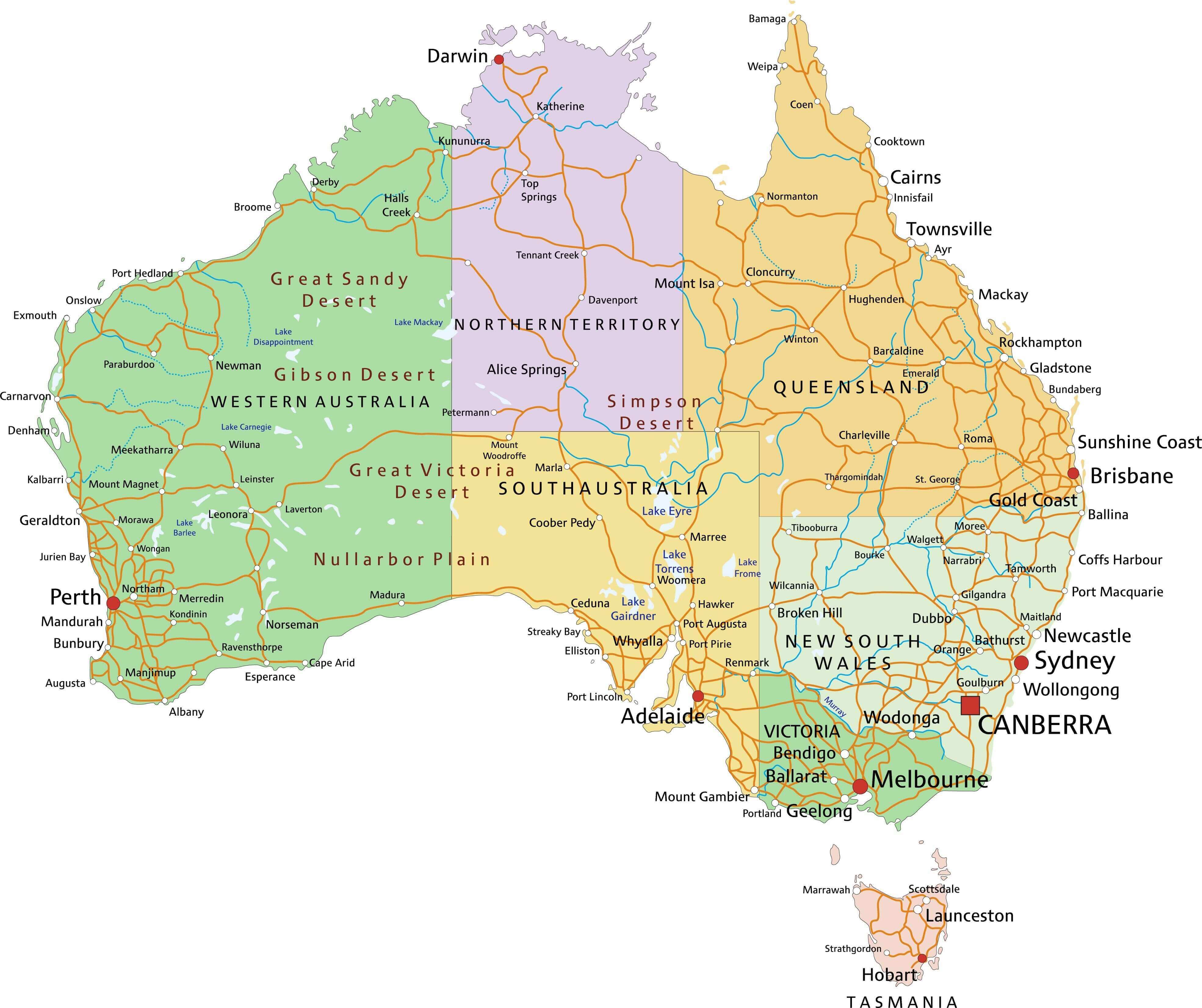Australia cities regions Map
