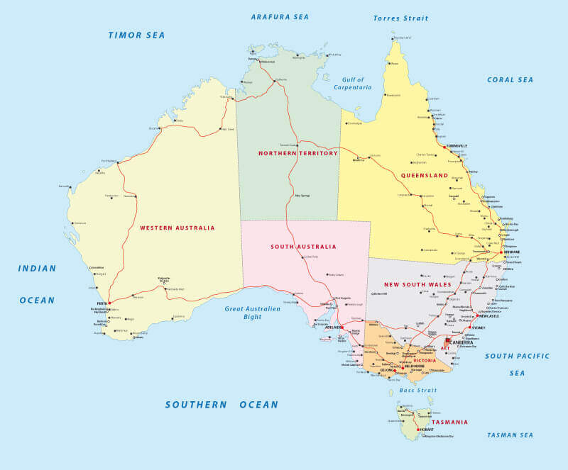 Australia Road Map with Cities