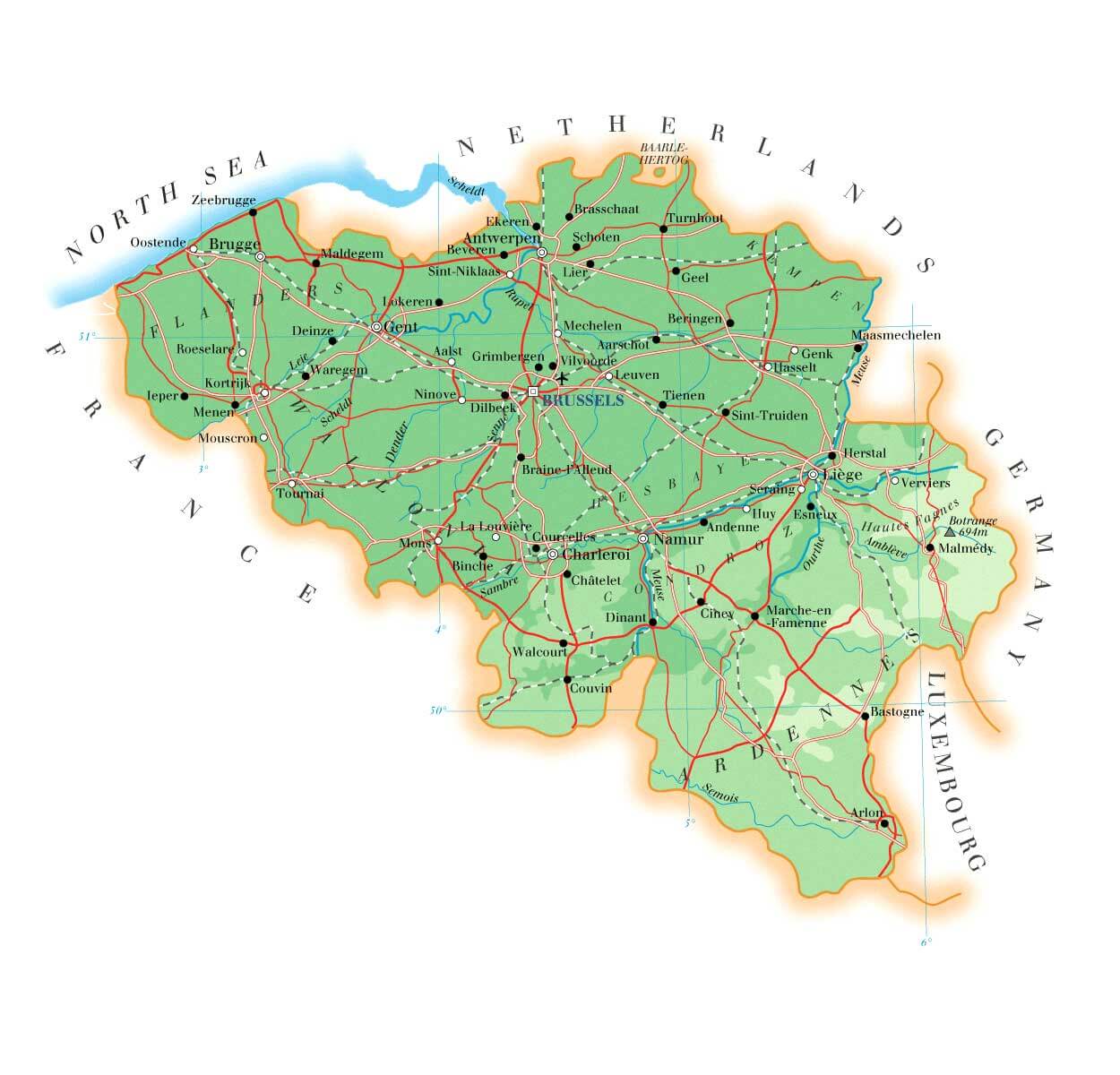 Physical Map of Belgium