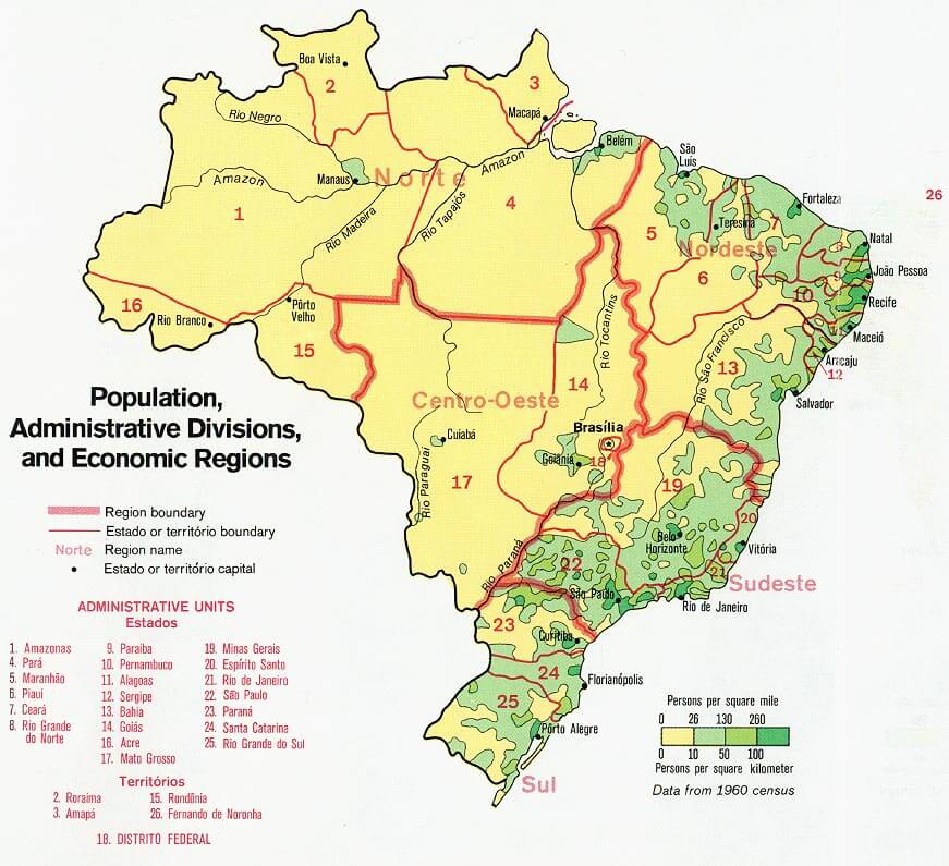 Brazil Population Administrative Economic Regions Map 1977