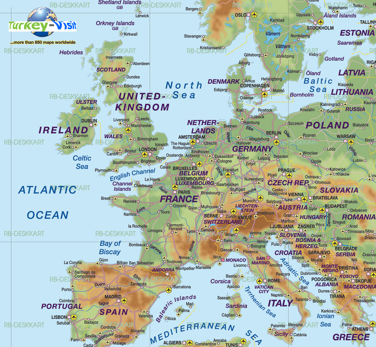 European Countries Physical Map