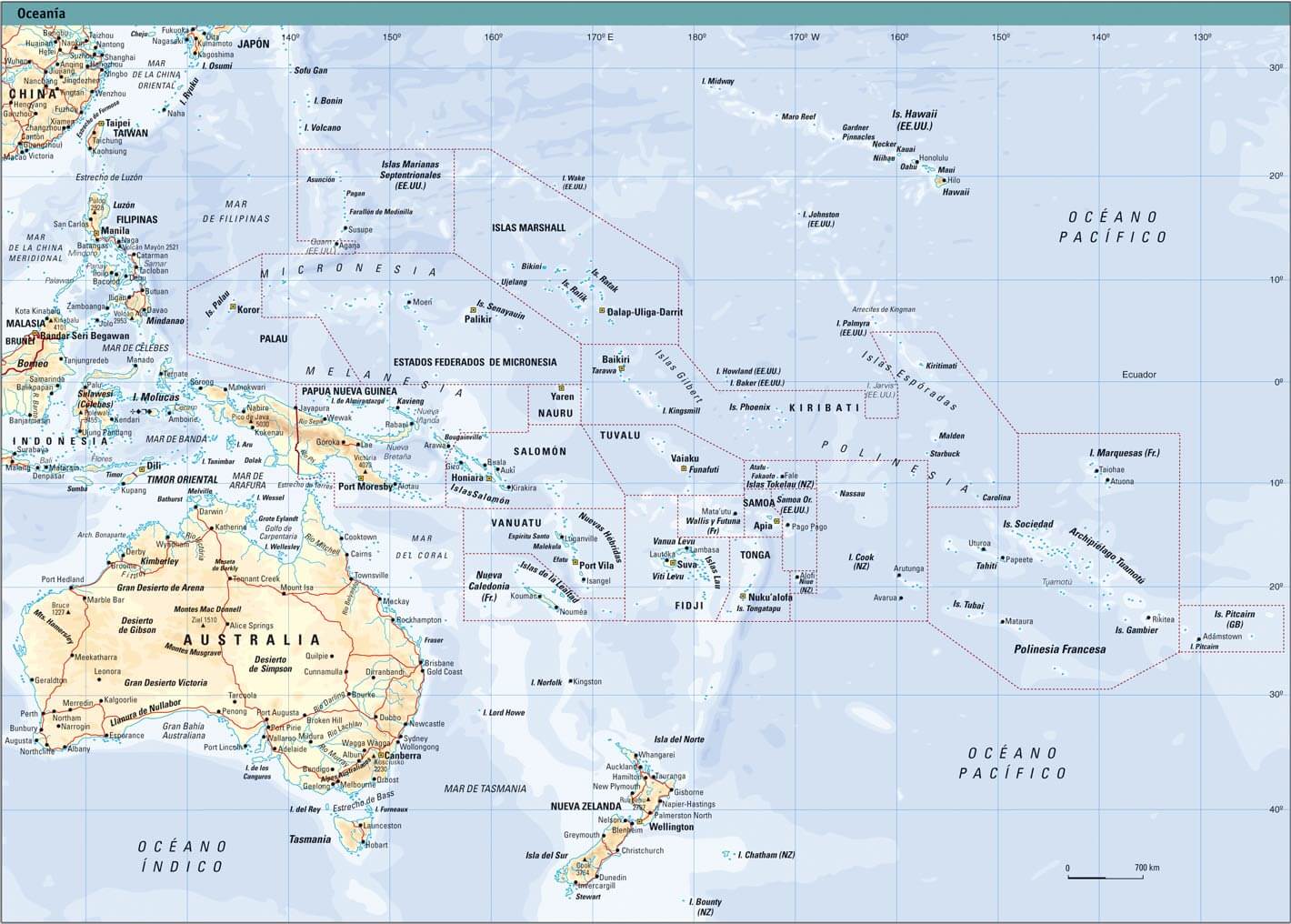 Oceania Physical Map Countries