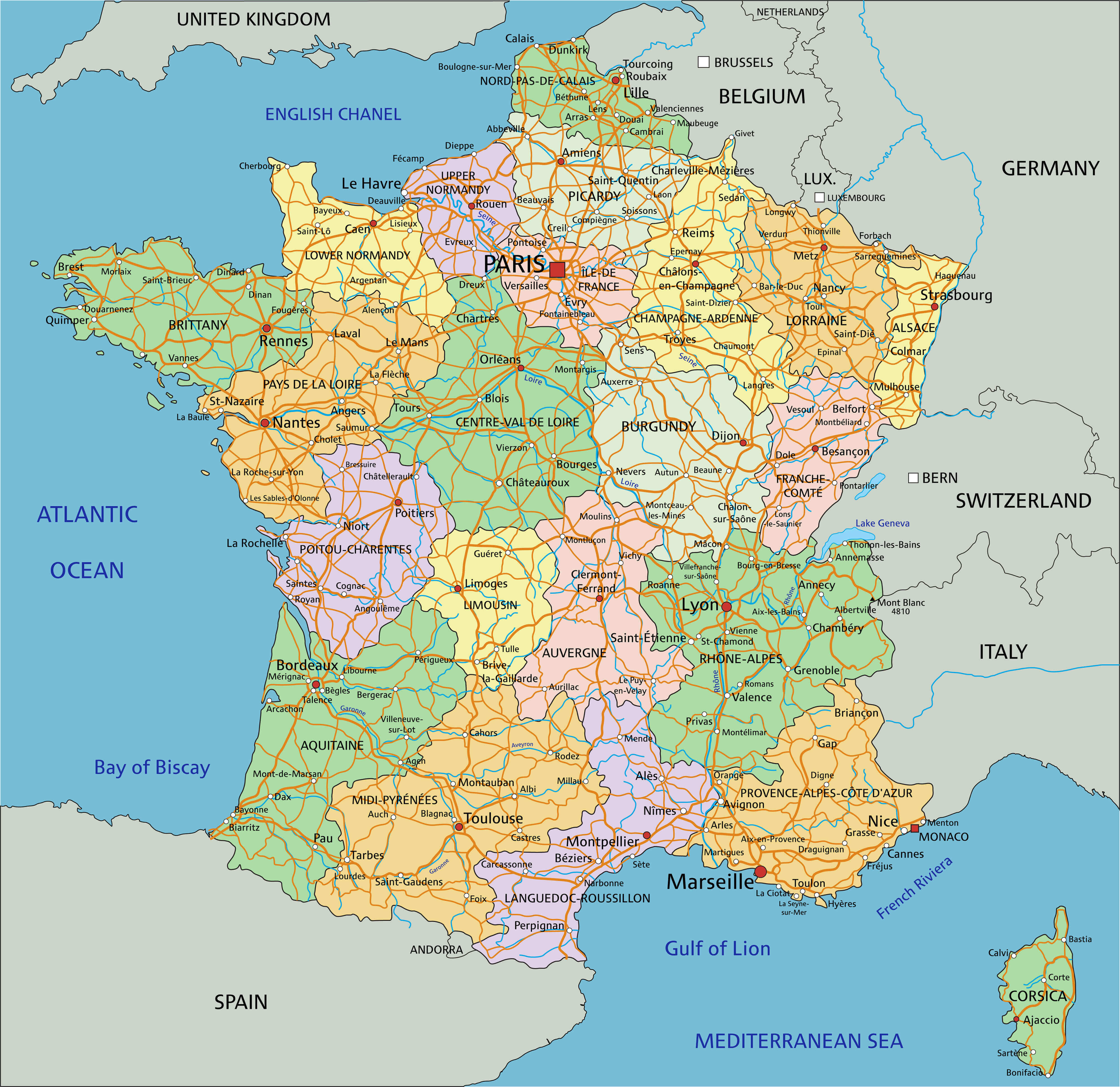France Political Map with Cities and Regions