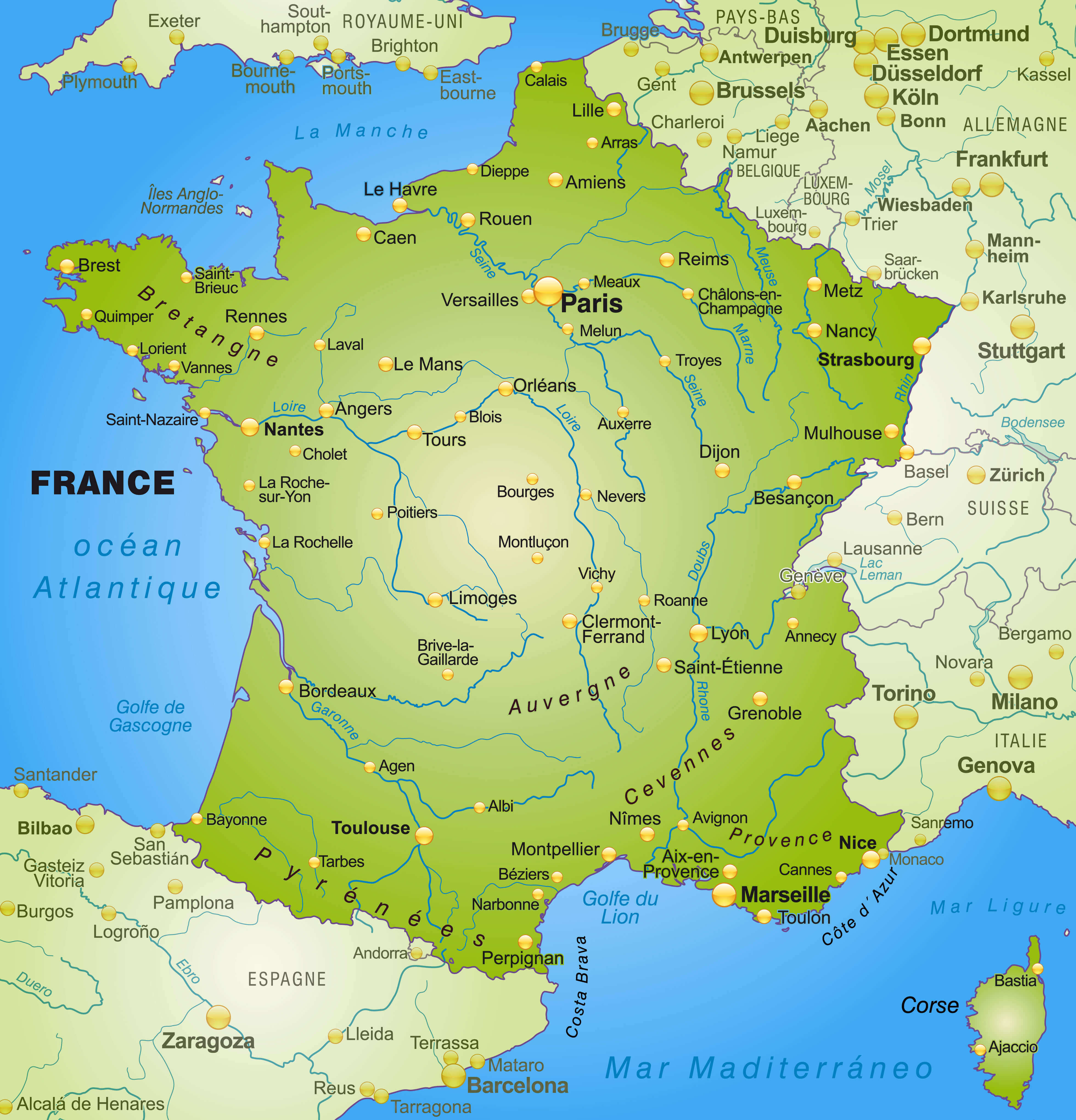 Map of France with Major Cities and Rivers