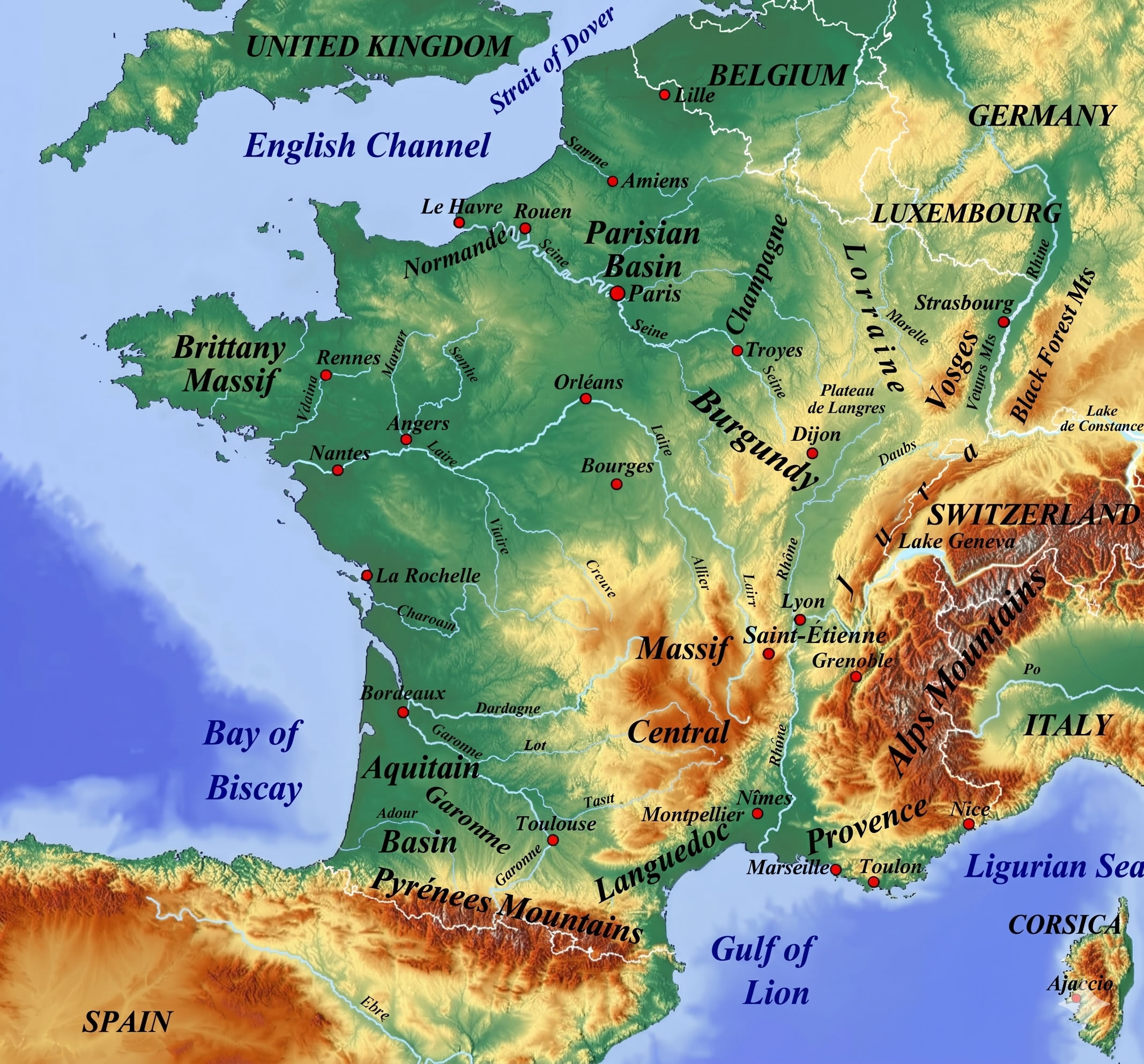 France topographic map mountains rivers