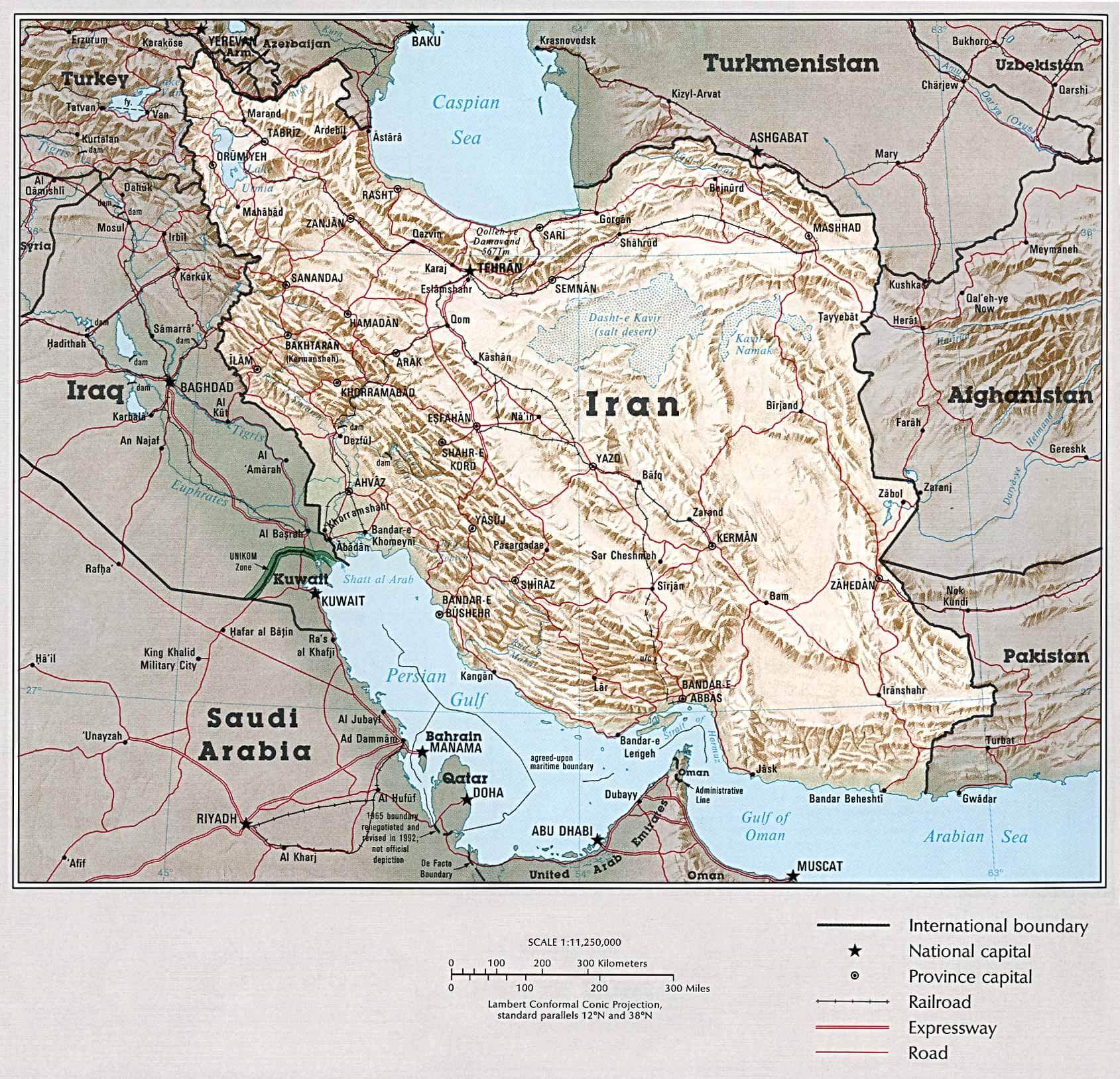 Iran national boundary physical map