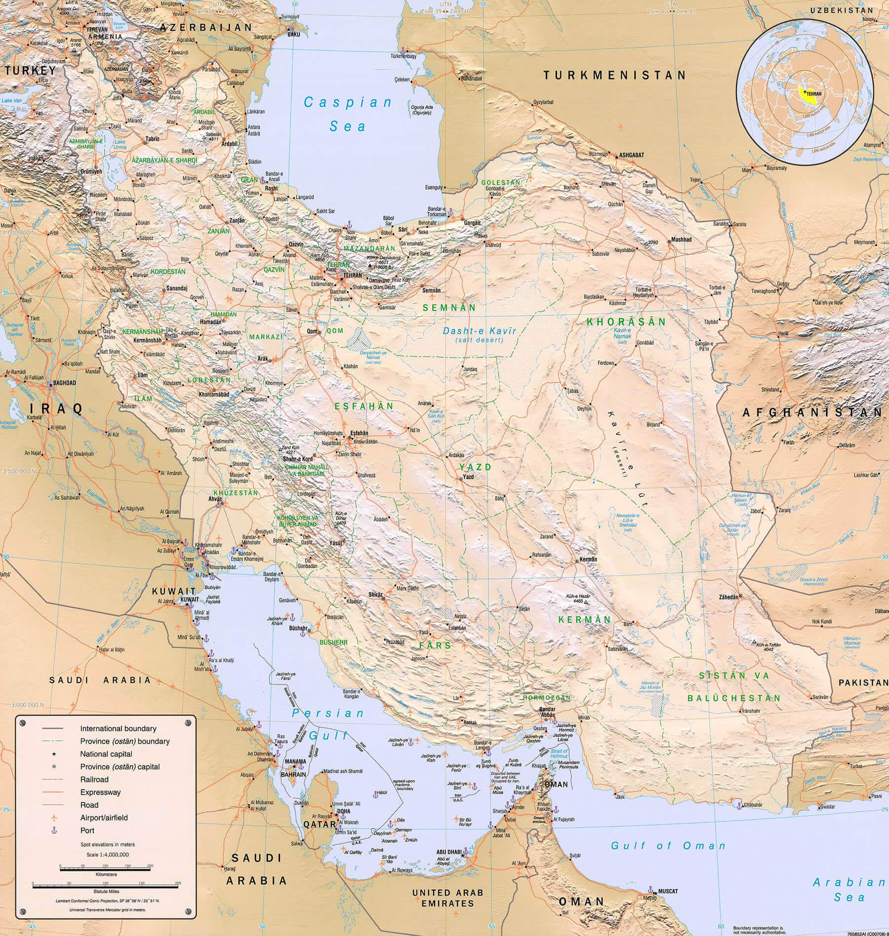 Physical map of Iran with roads