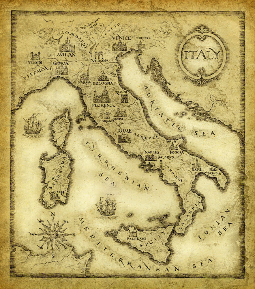 Map of Italy, drawn with ink on paper.