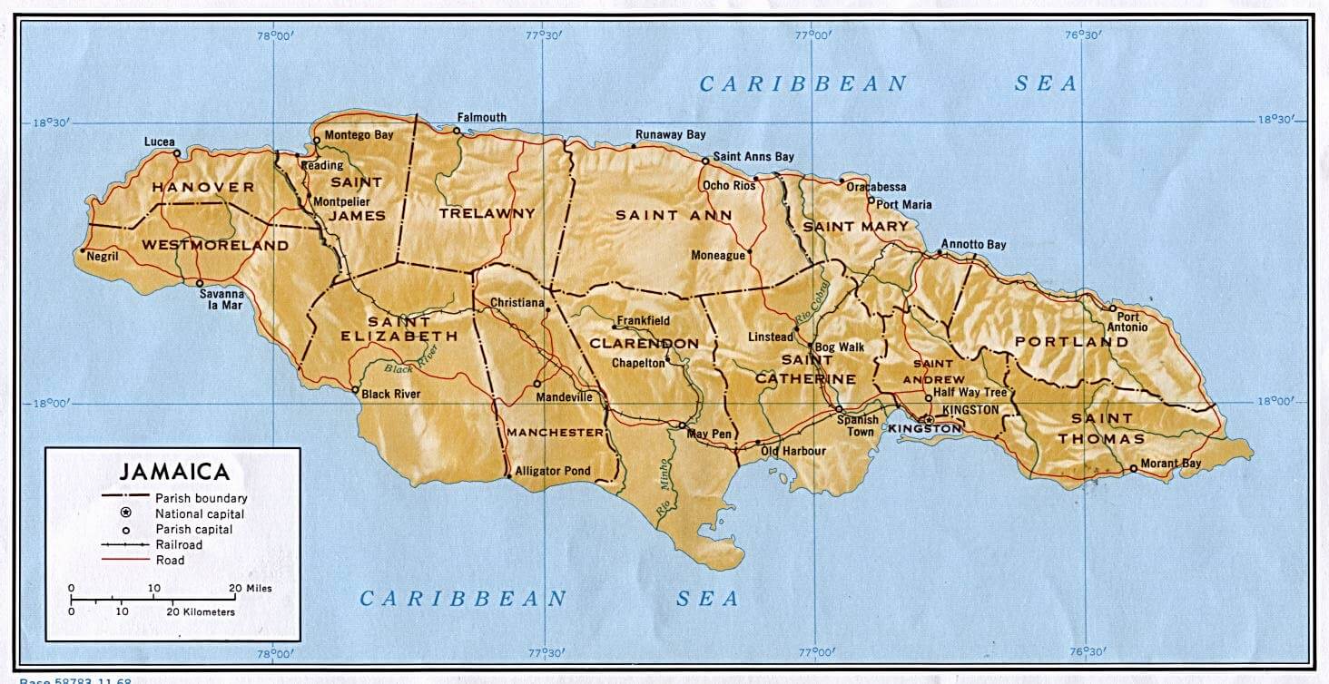 Jamaica Shaded Relief Map 1968