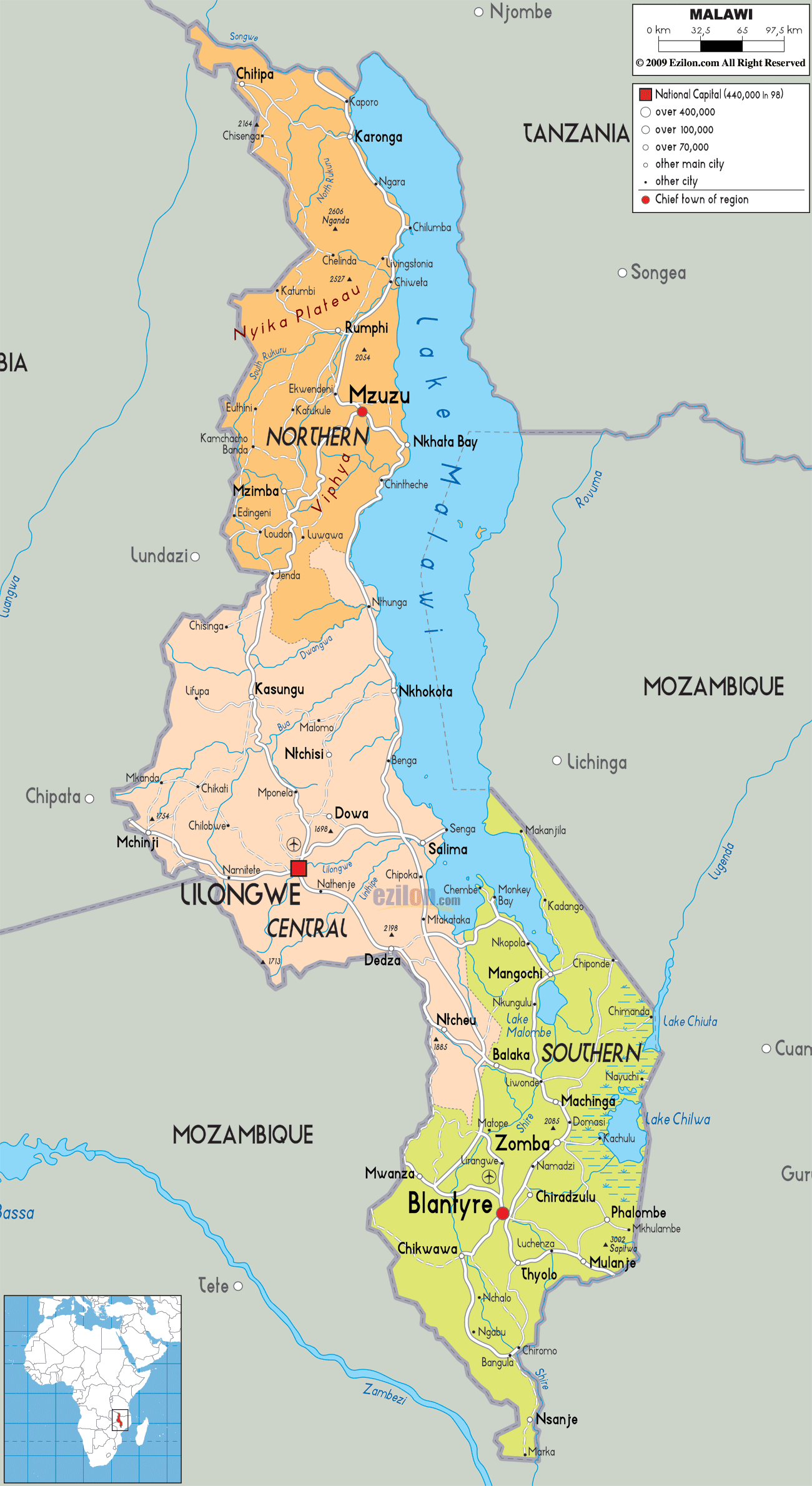 political map of Malawi