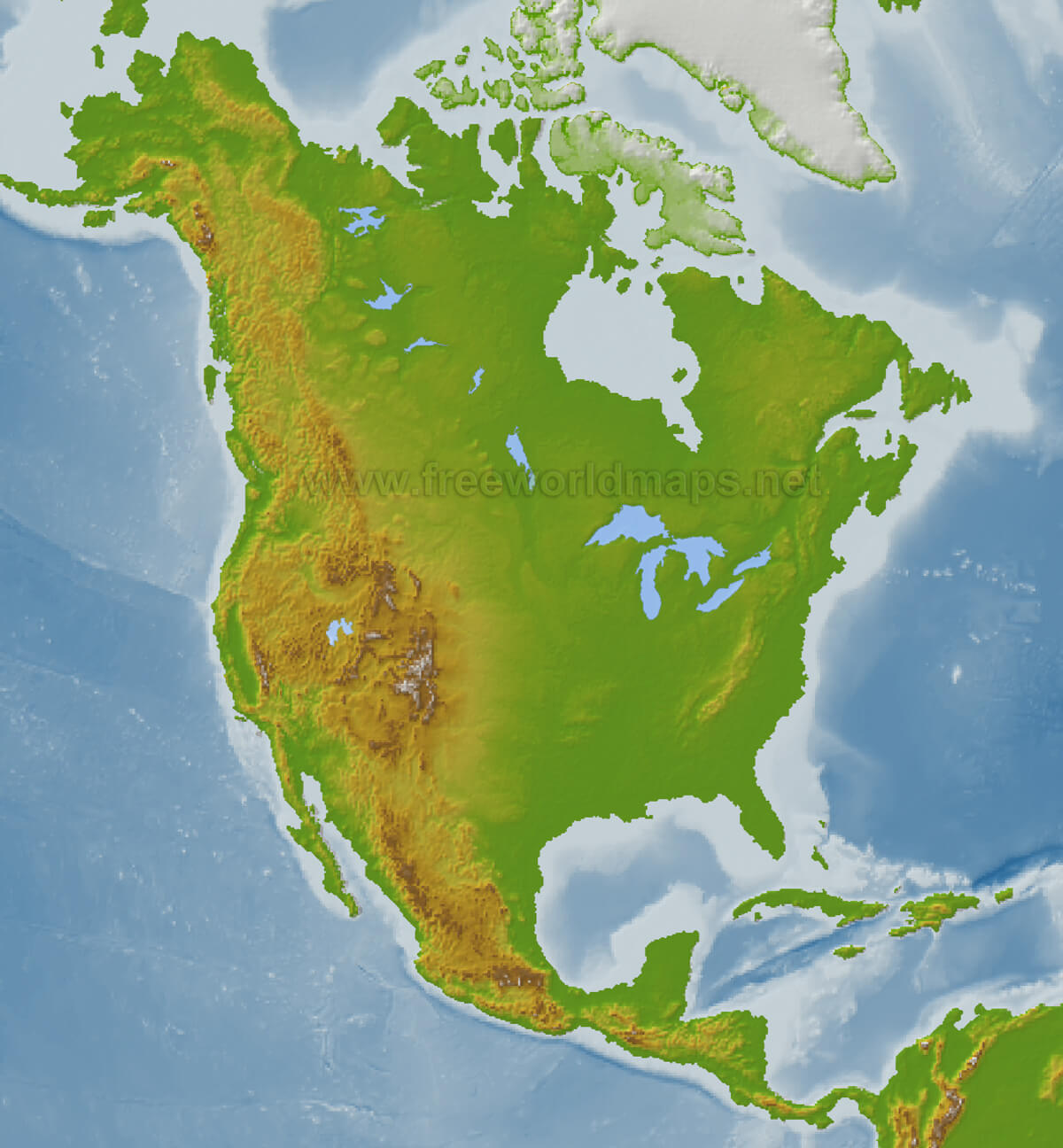 north america physical blank map