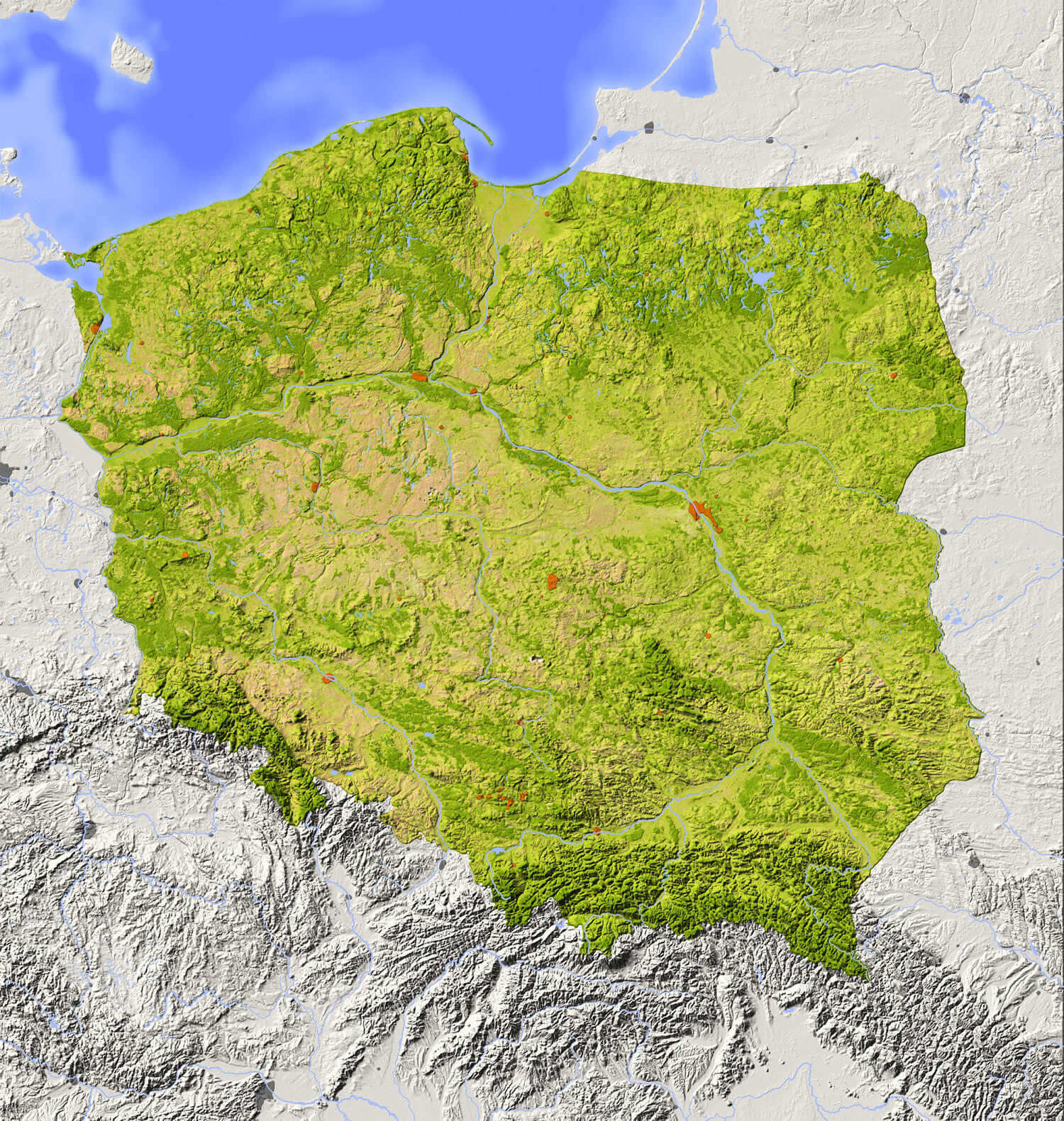 Poland Shaded relief Map