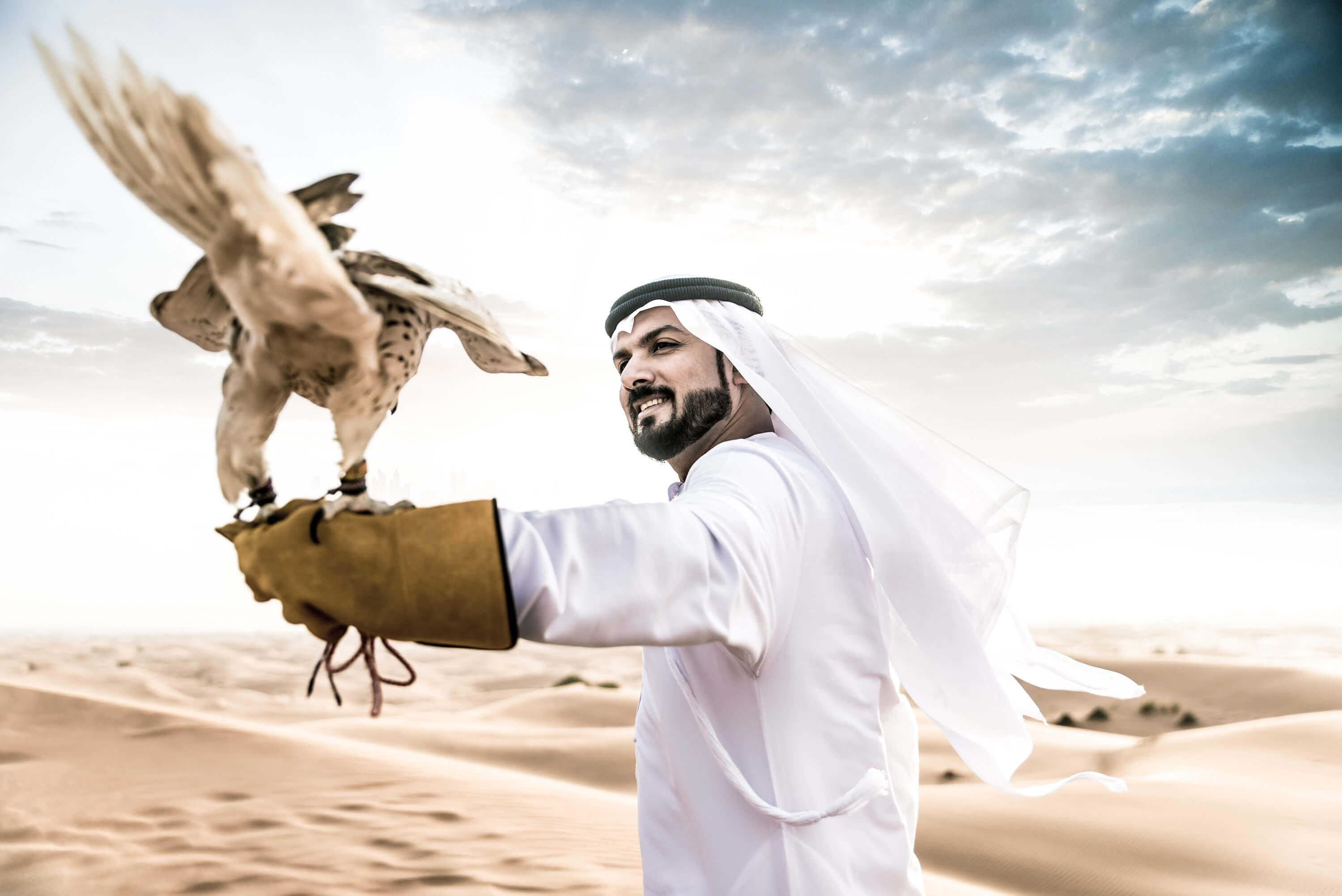 the desert with his falcon bird Qatar