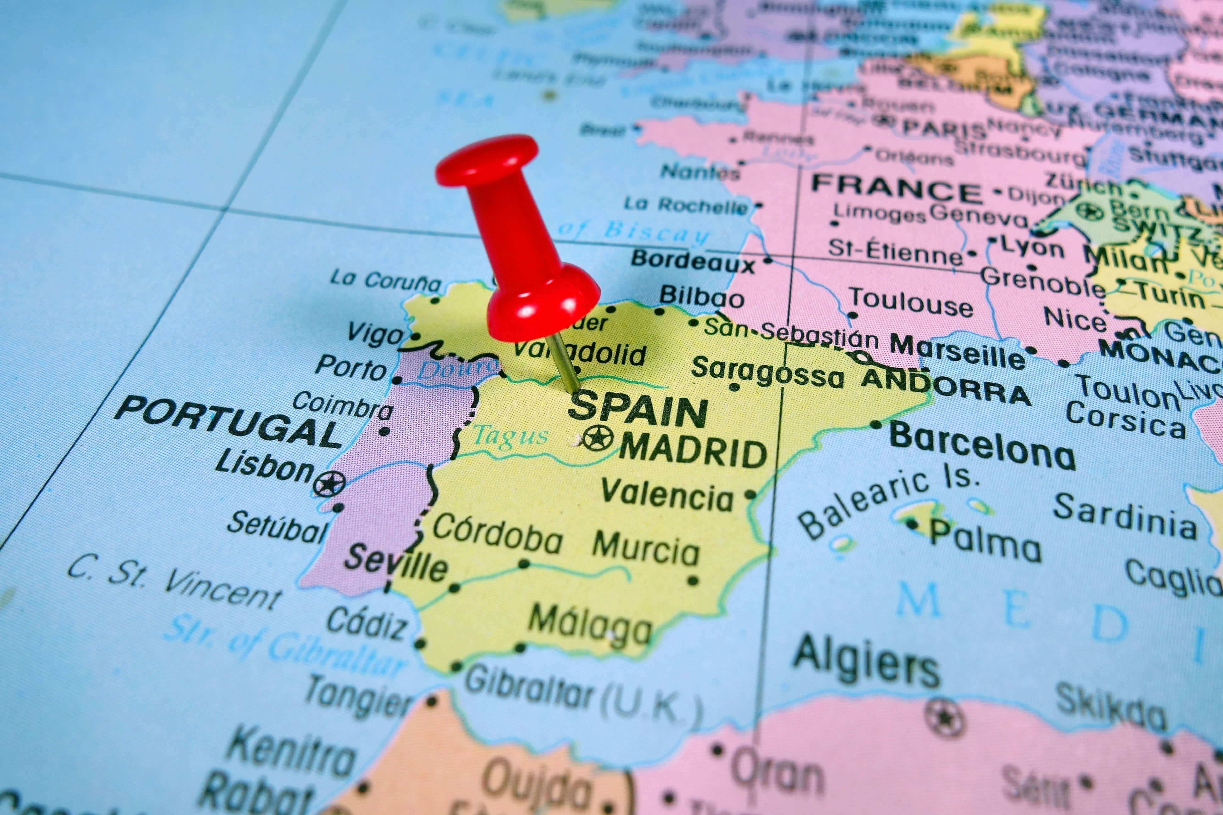 Pushpin marking on Spain map