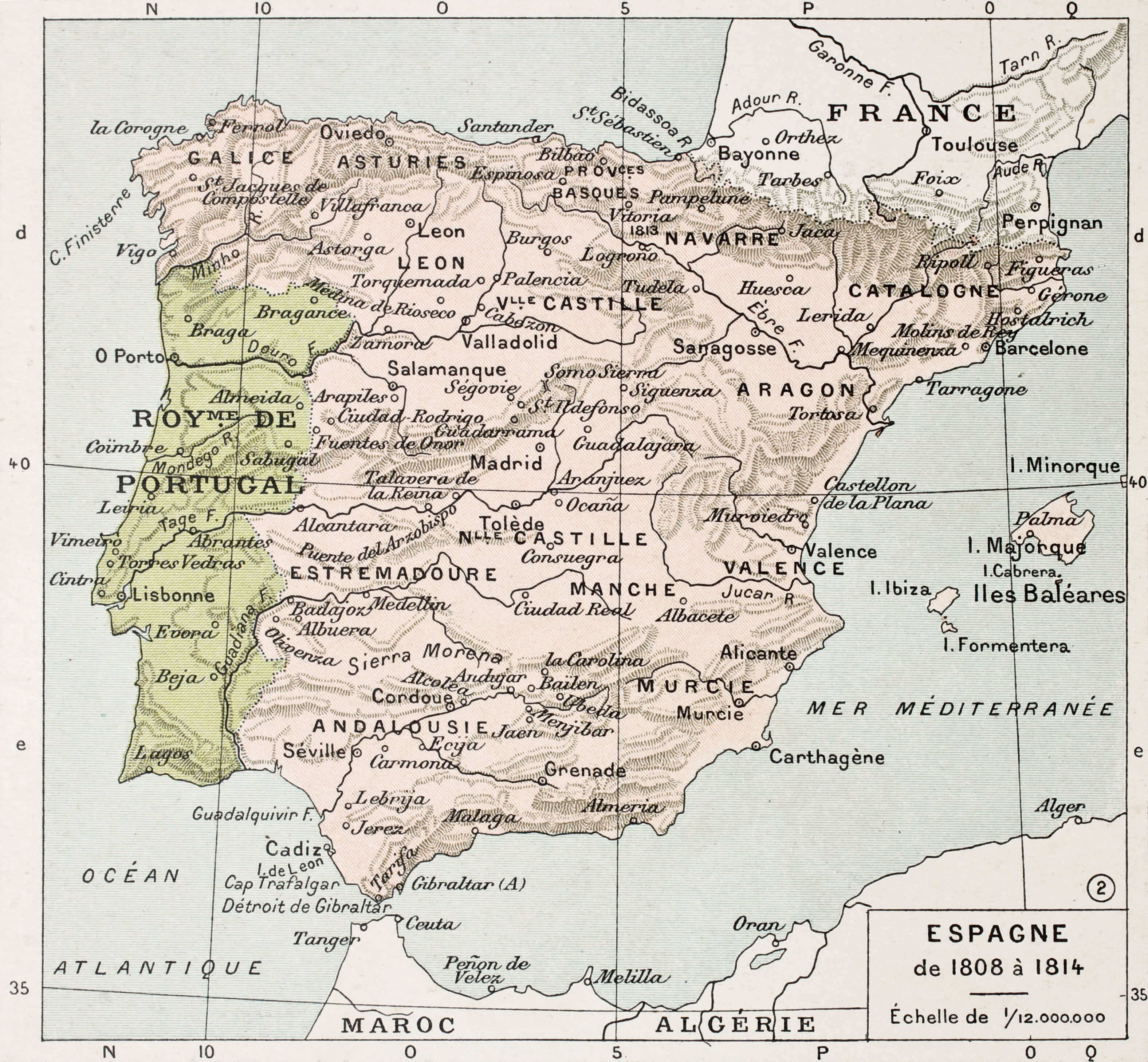 Spain between 1808 and 1814 old map