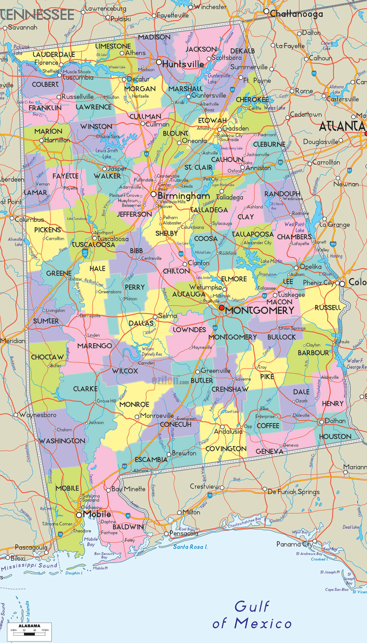 Alabama Counties Road Map USA