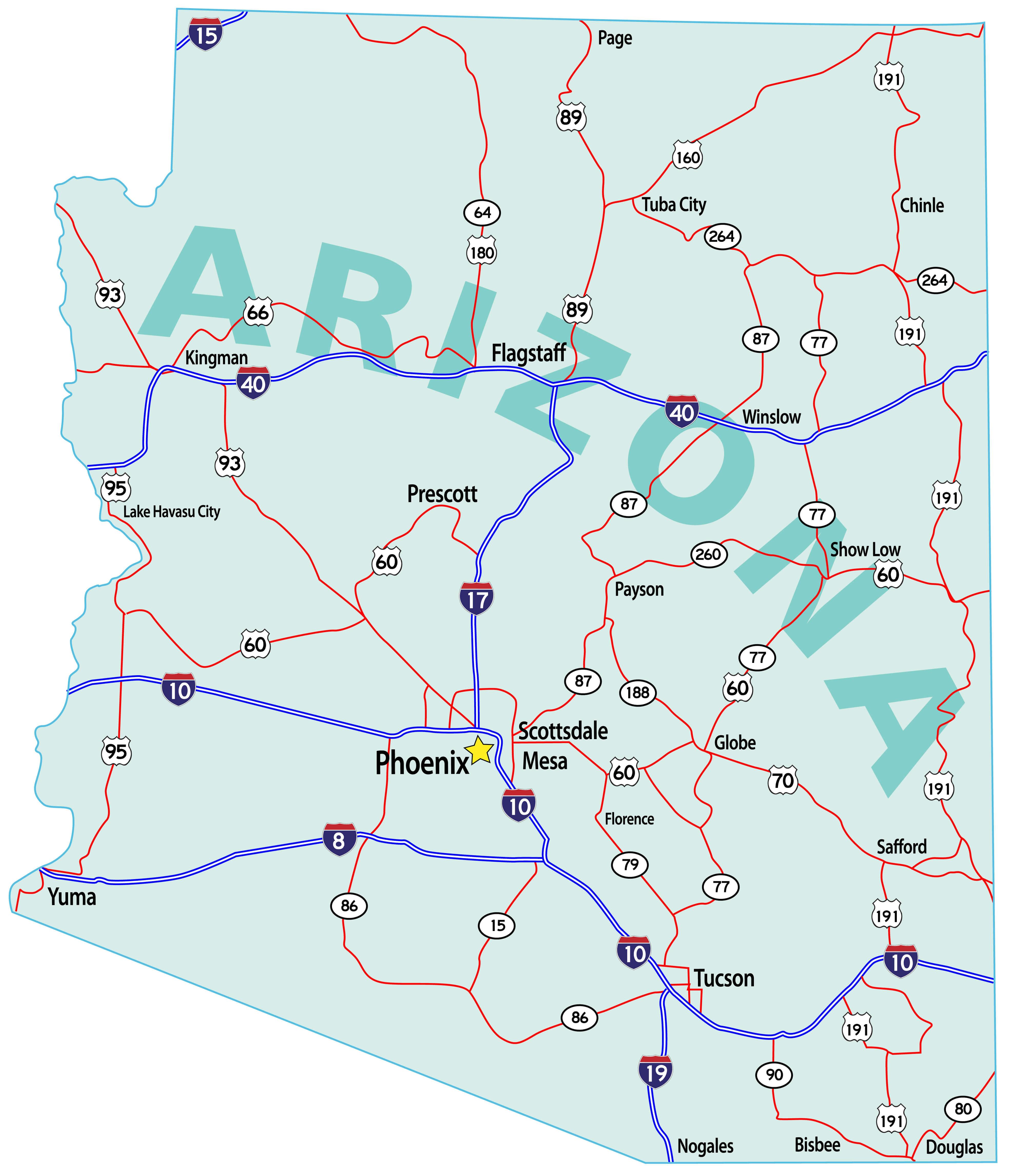 Arizona state road map with Interstates