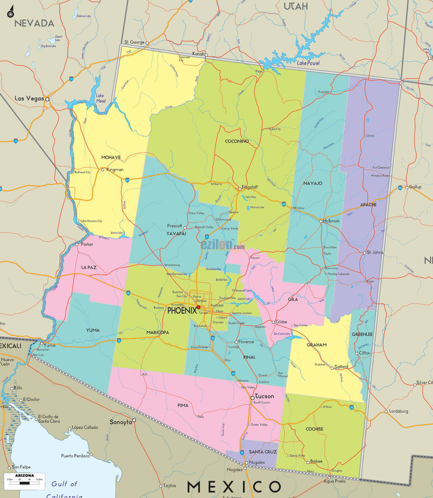 Arizona Counties Road Map USA