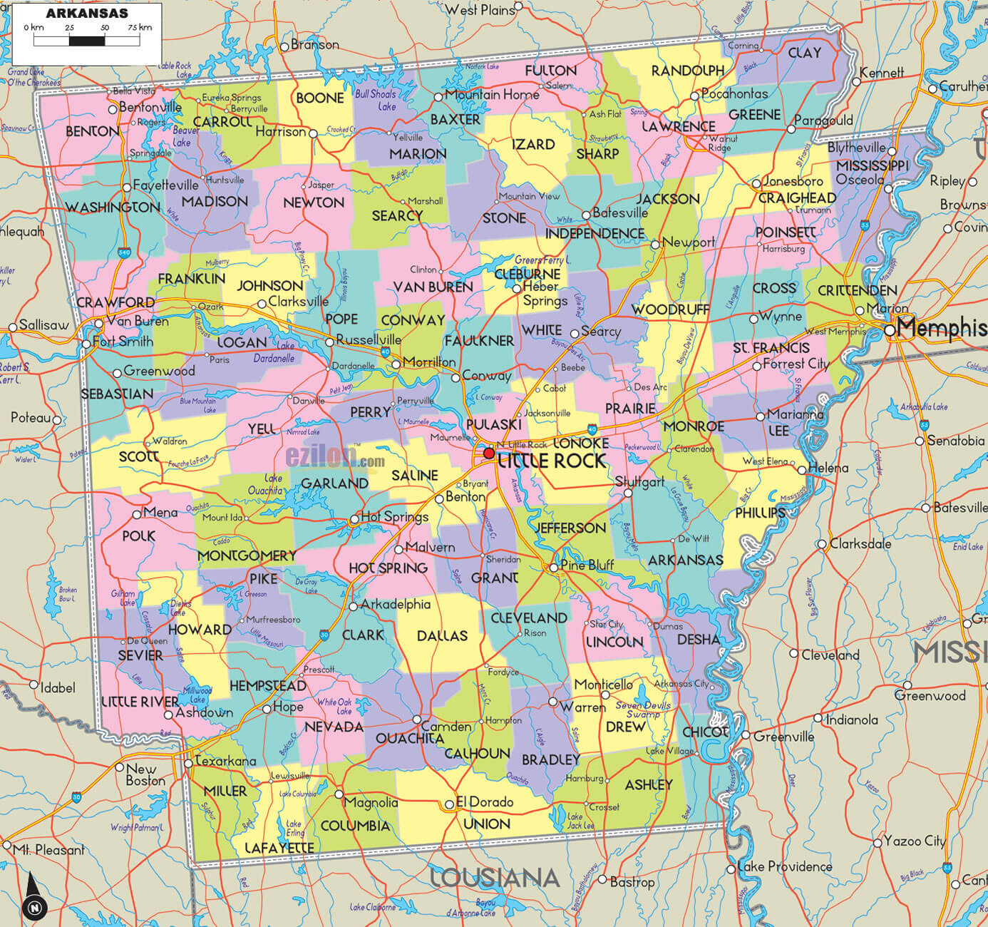 Arkansas Counties Road Map USA