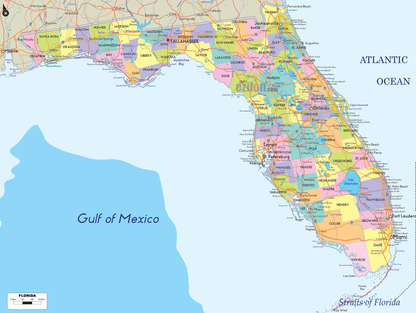 Florida Counties Road Map USA