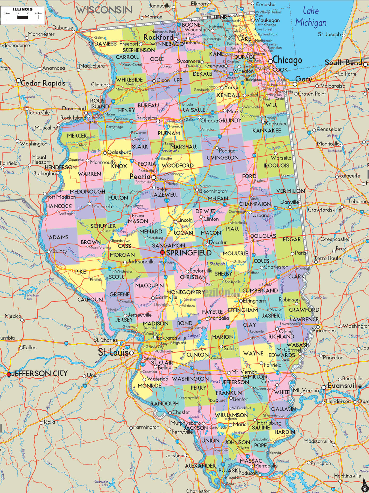 Illinois Counties Road Map USA