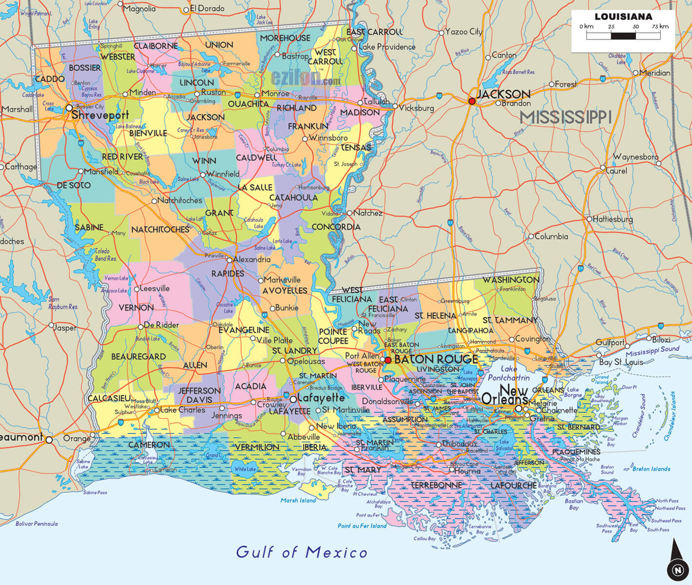 Louisiana Counties Road Map USA