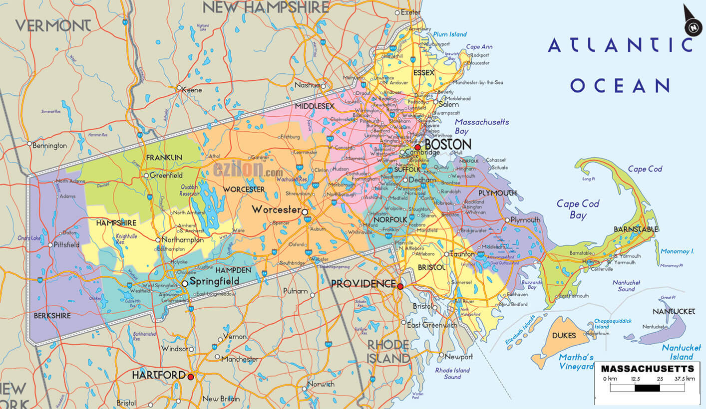 Massachusetts Counties Road Map USA