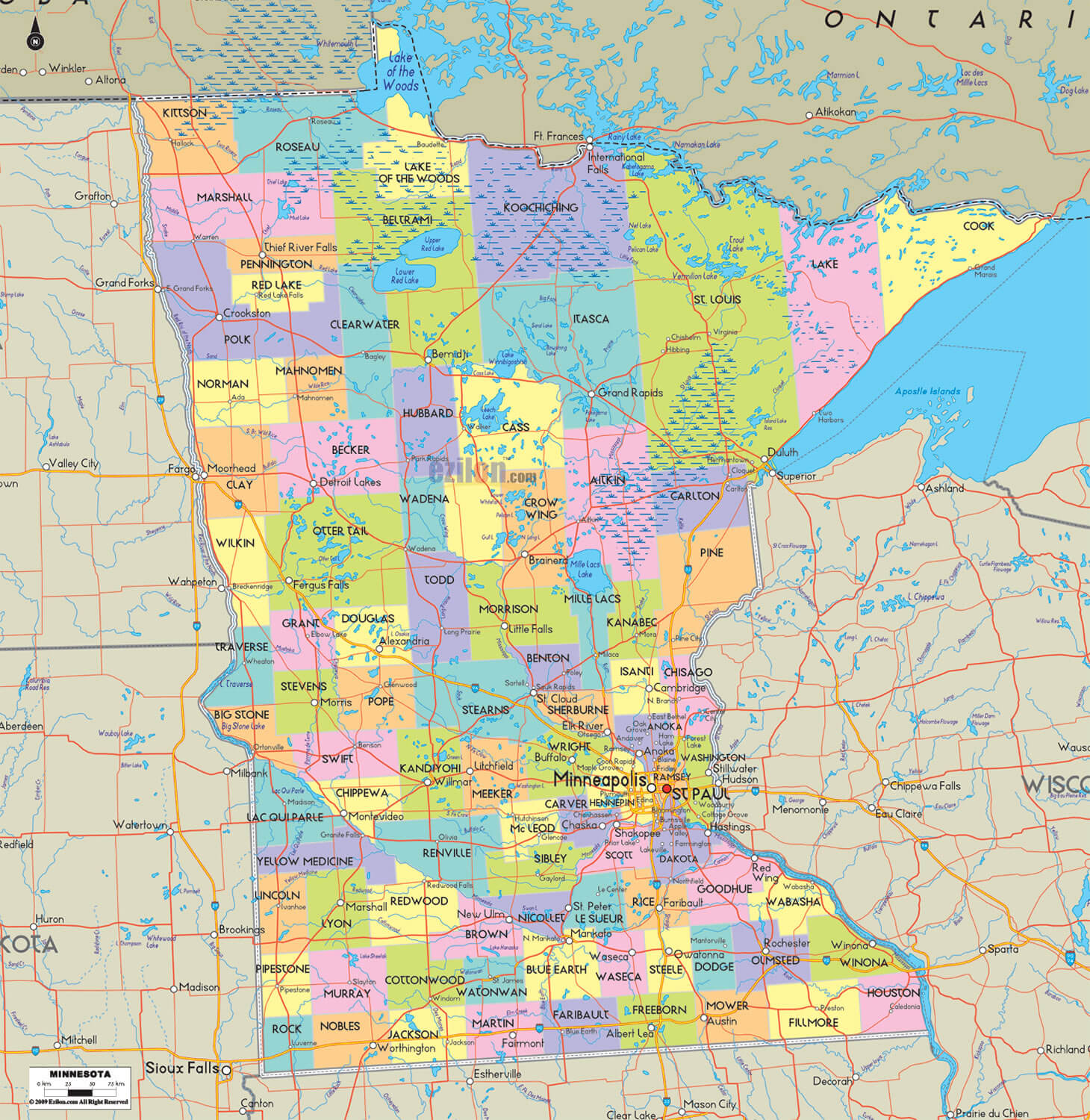 Minnesota Counties Road Map USA