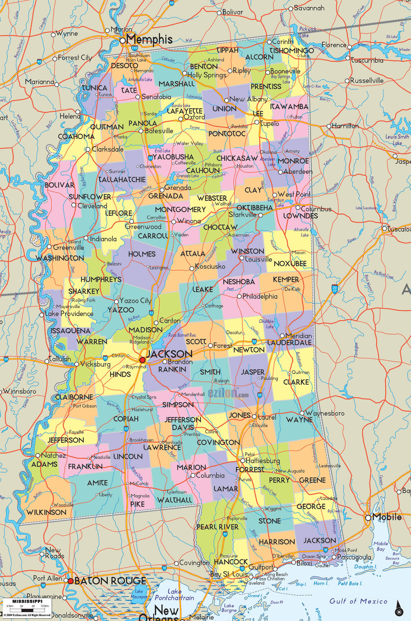 Mississippi Counties Road Map USA