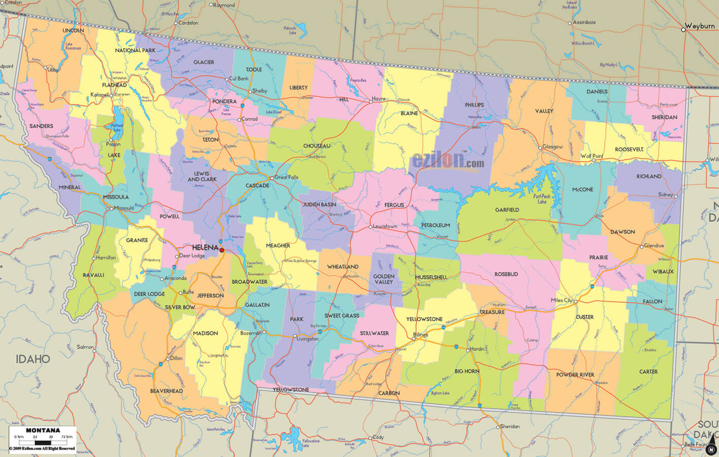 Montana Counties Road Map USA