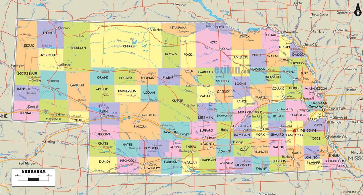 Nebraska Counties Road Map USA