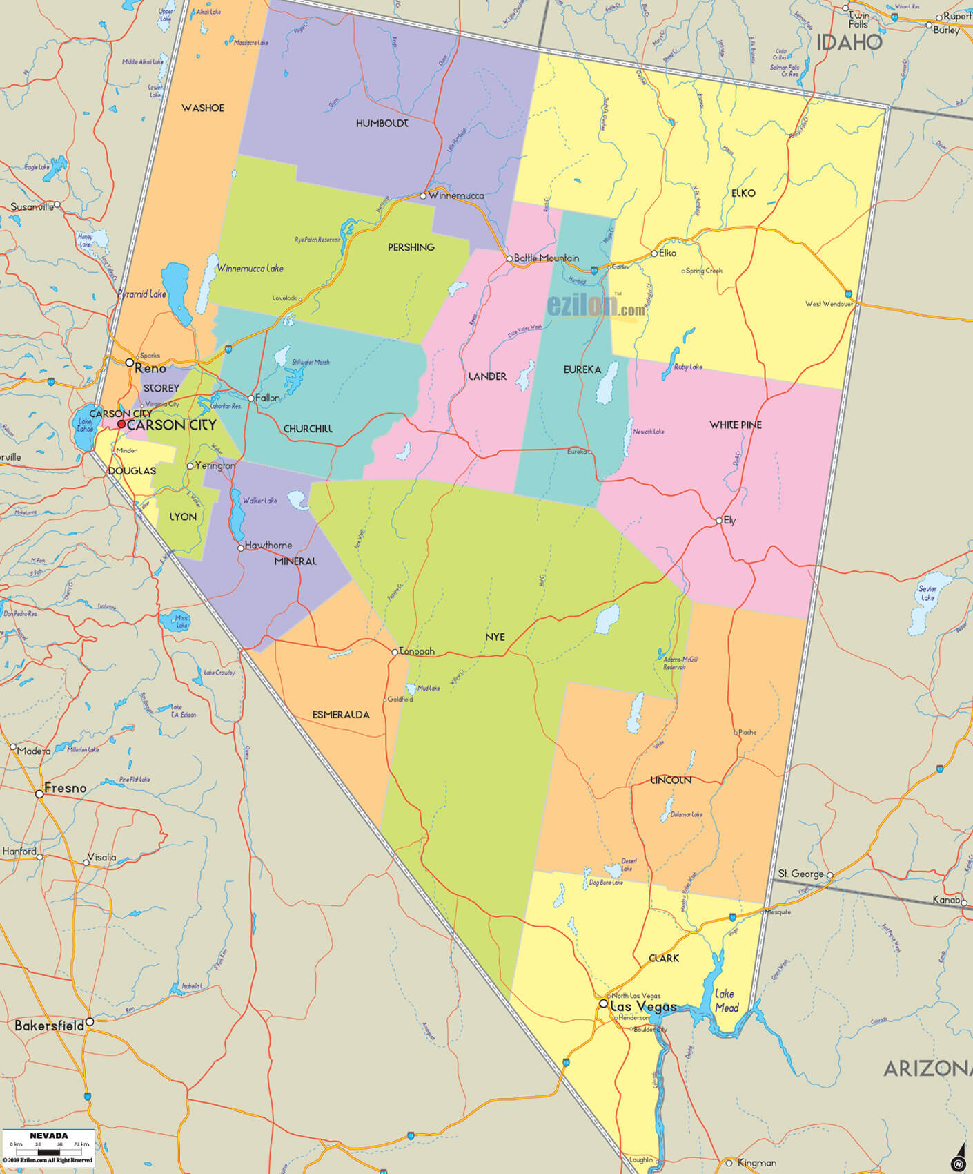 Nevada Counties Road Map USA