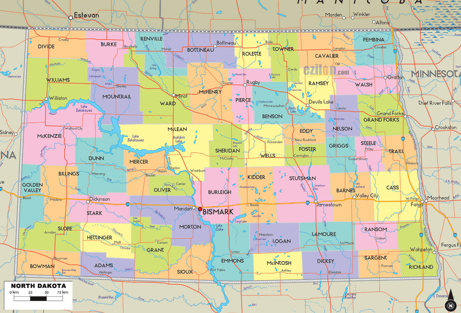 North Dakota Counties Road Map USA