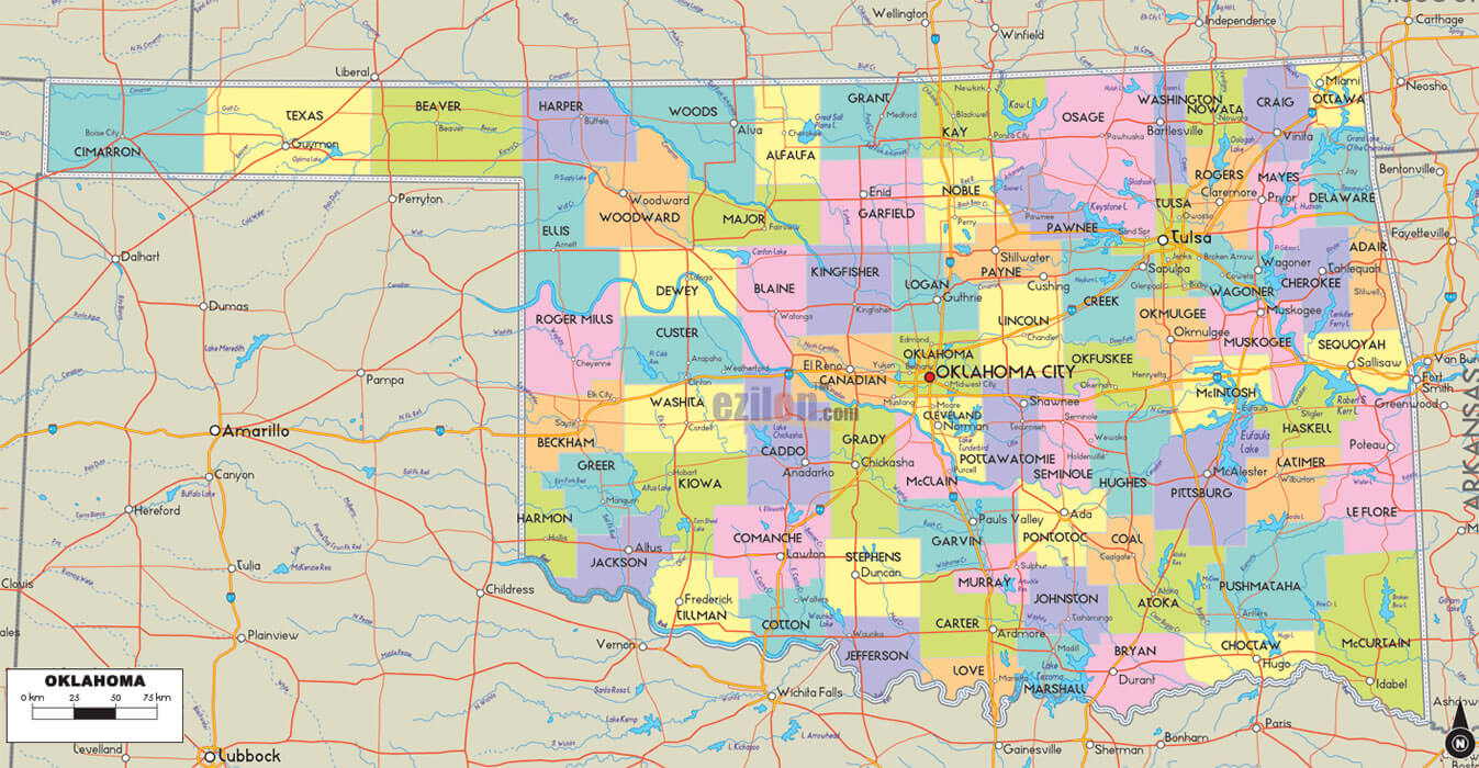 Oklahoma Counties Road Map USA