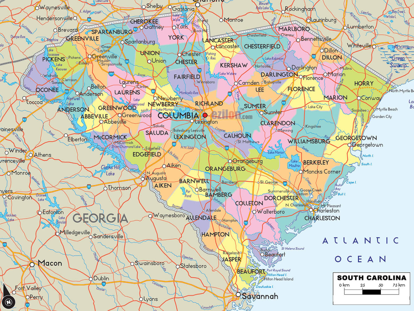 South Carolina Counties Road Map USA