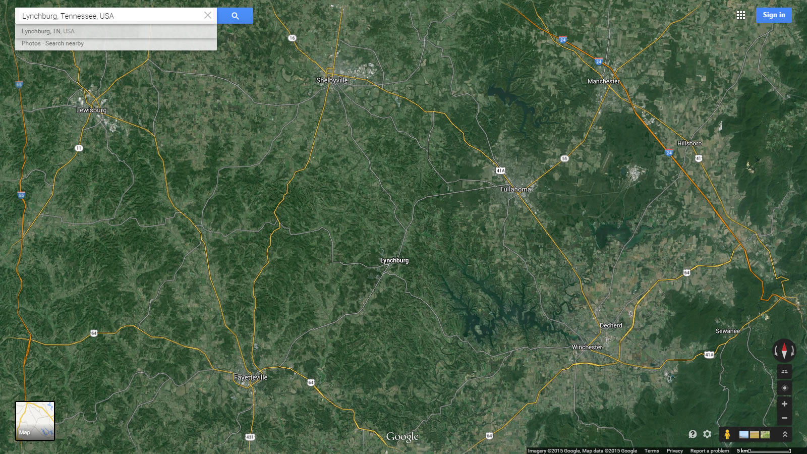 lynchburg map tennessee us satellite