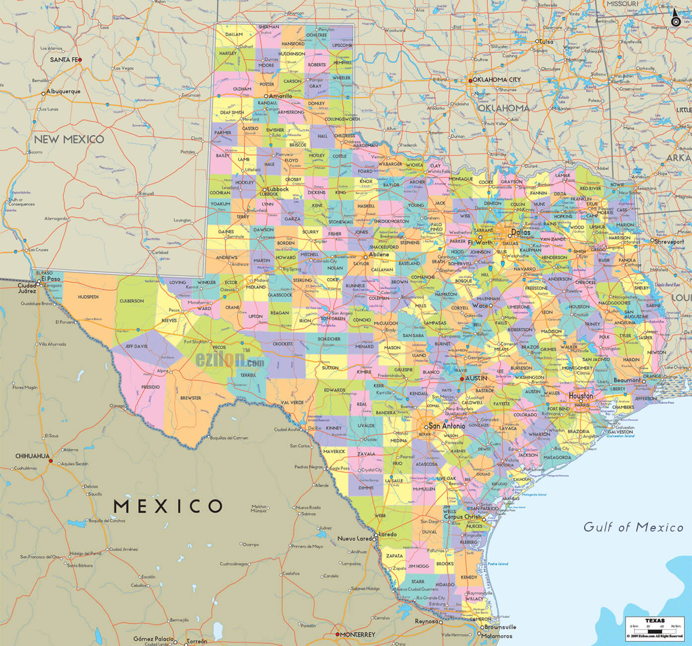Texas Counties Road Map USA