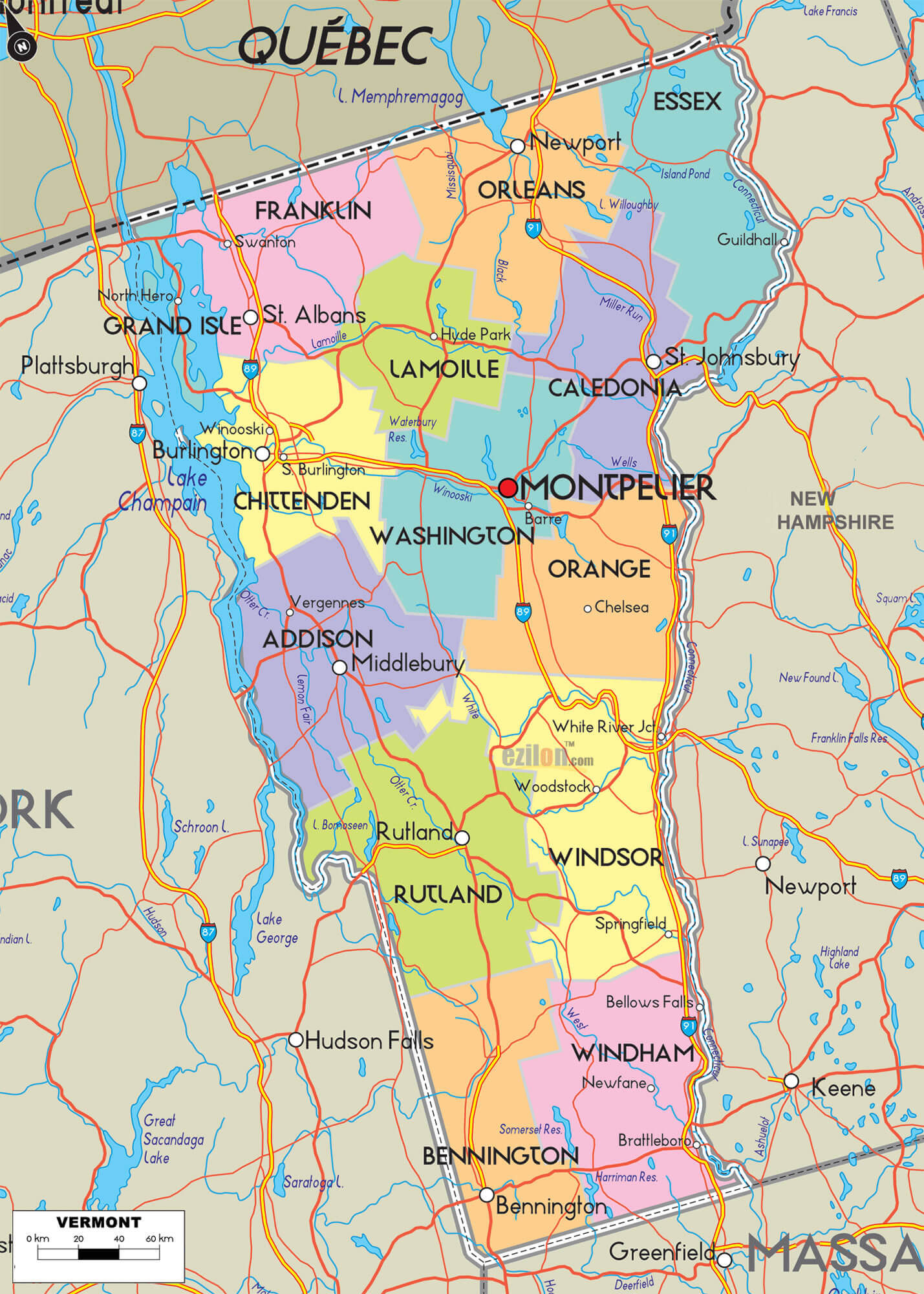 Vermont Counties Road Map USA