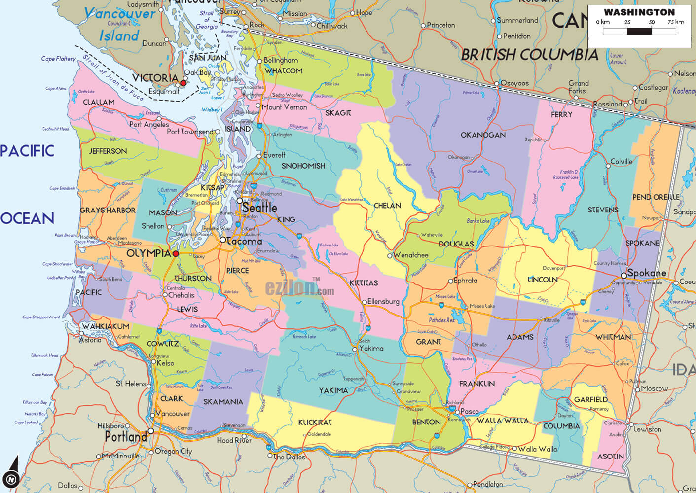 Washington Counties Road Map USA